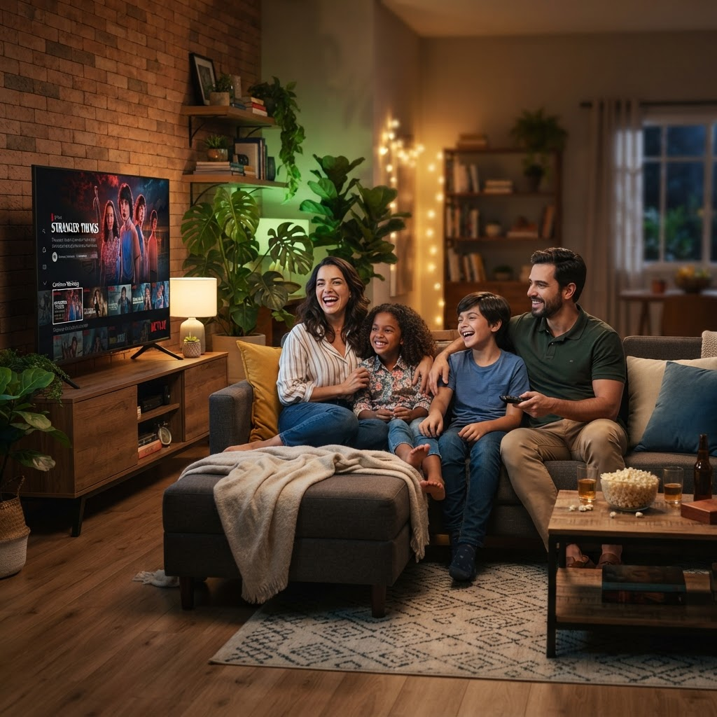 Família reunida assistindo streaming na sala de casa